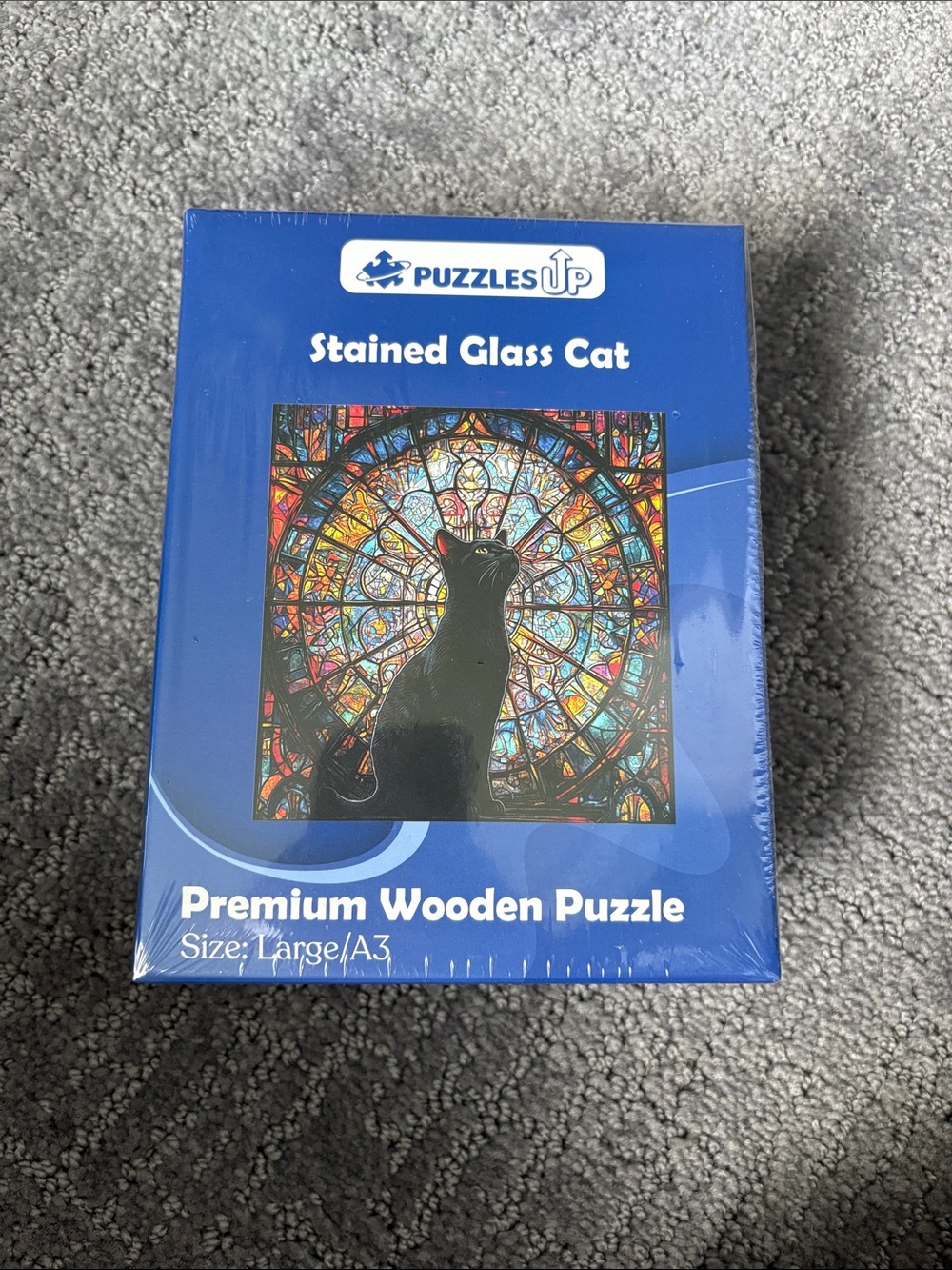 Stained Glass Cat Wooden Puzzle - Blue Packaging
